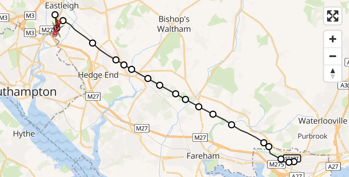 Flight route Air Ambulance Helicopter Queen Alexandra Hospital - Southampton Airport, 24 May 2026, 16:28