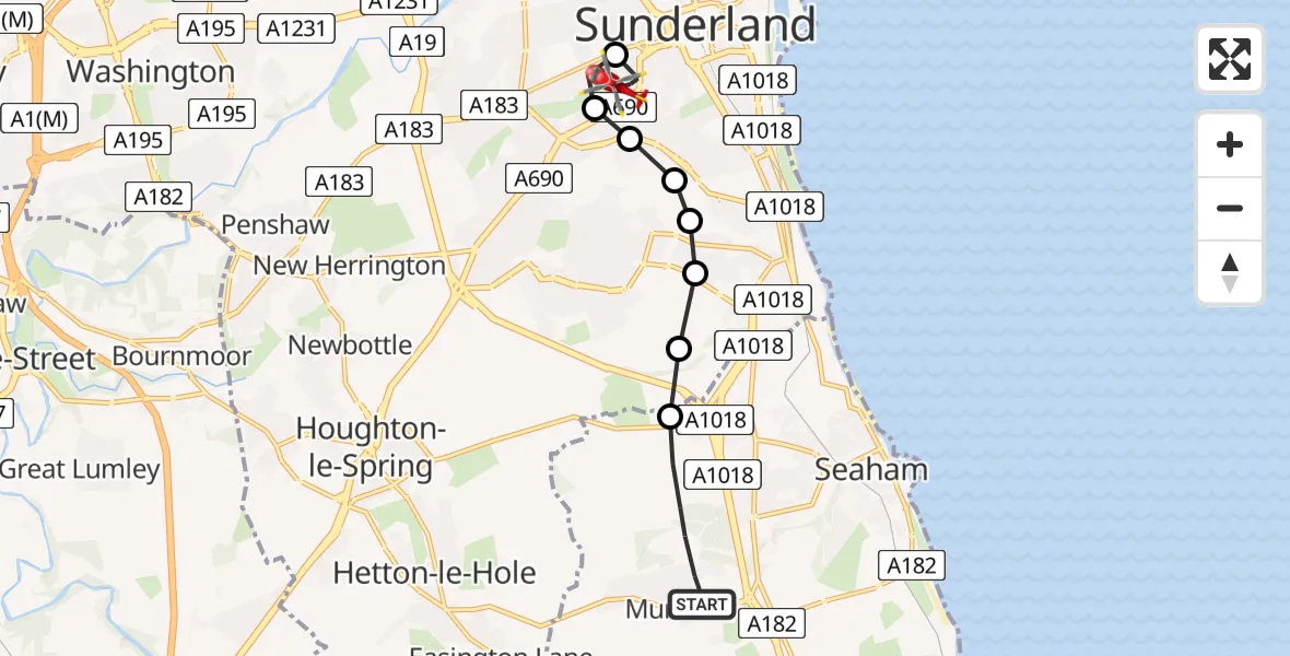 Flight route Air Ambulance Helicopter Murton - Millfield, 24 May 2026, 16:32