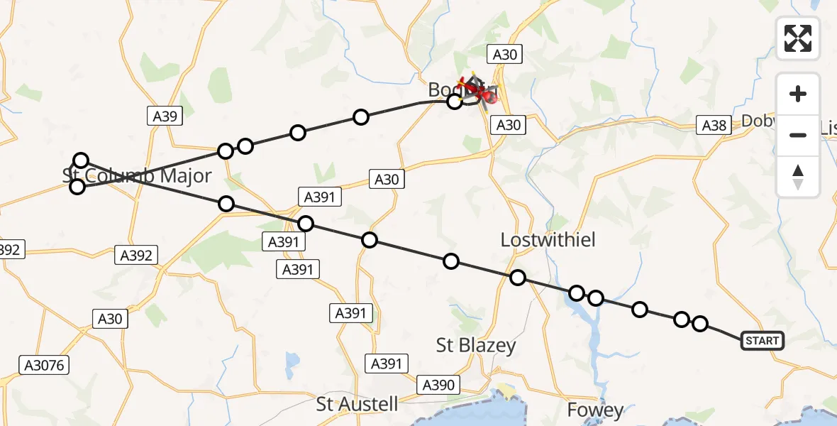 Flight route Air Ambulance Helicopter Pelynt - Bodmin, 24 May 2026, 16:44
