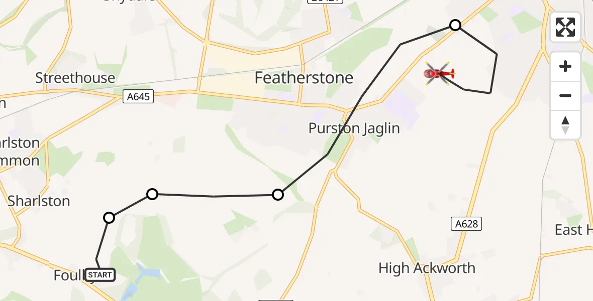Flight route Air Ambulance Helicopter YAA Nostell Helicopter Port - Pontefract, 24 May 2026, 16:51
