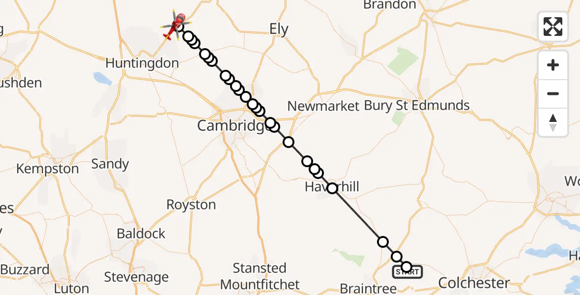Flight route Air Ambulance Helicopter Earls Colne Airfield - Warboys, 24 May 2026, 16:52
