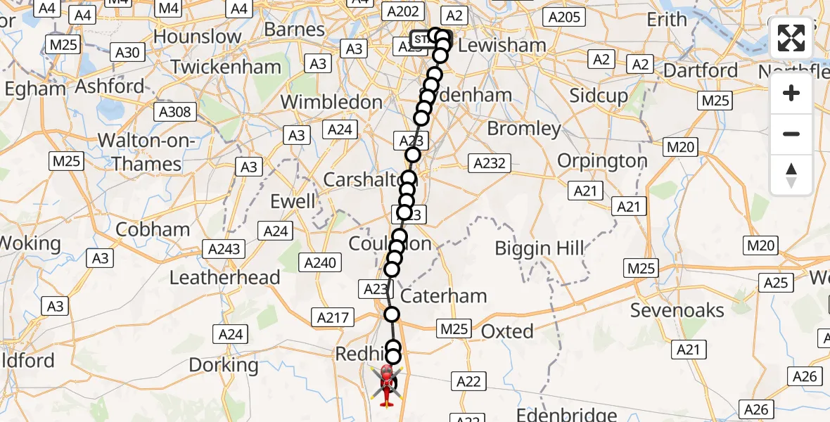 Flight route Air Ambulance Helicopter Kings College London Hospital - Redhill Aerodrome, 24 May 2026, 17:00