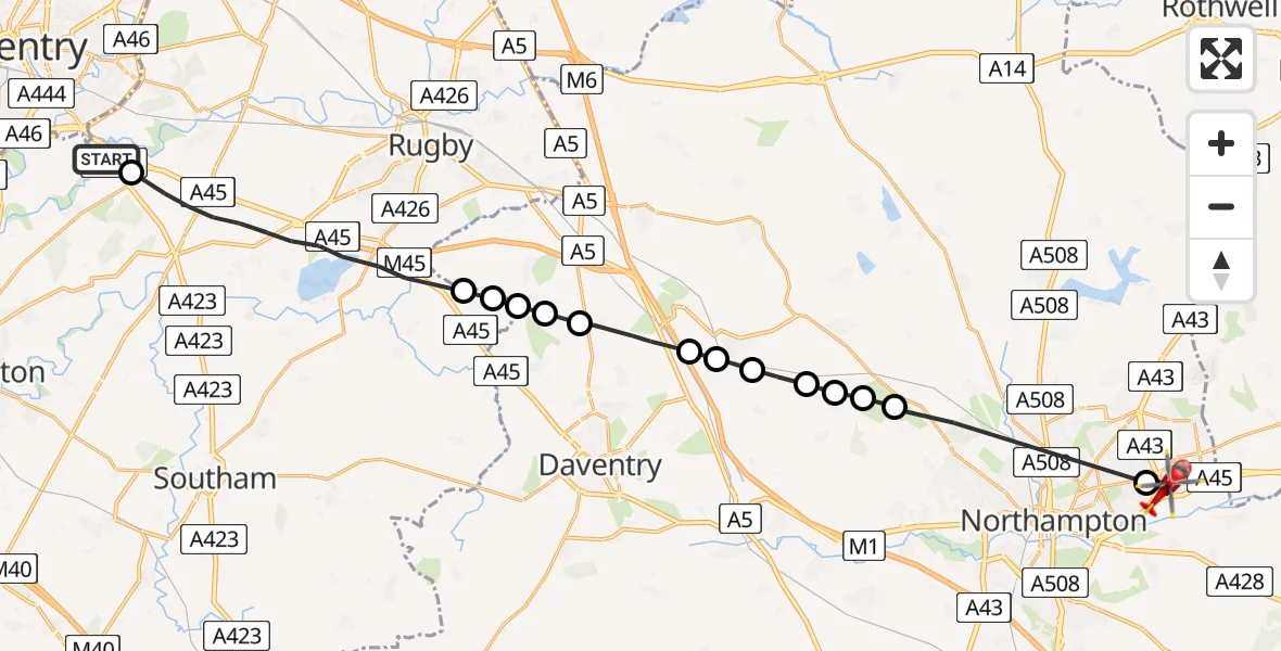 Flight route Air Ambulance Helicopter Rugby - Northampton, 24 May 2026, 17:06