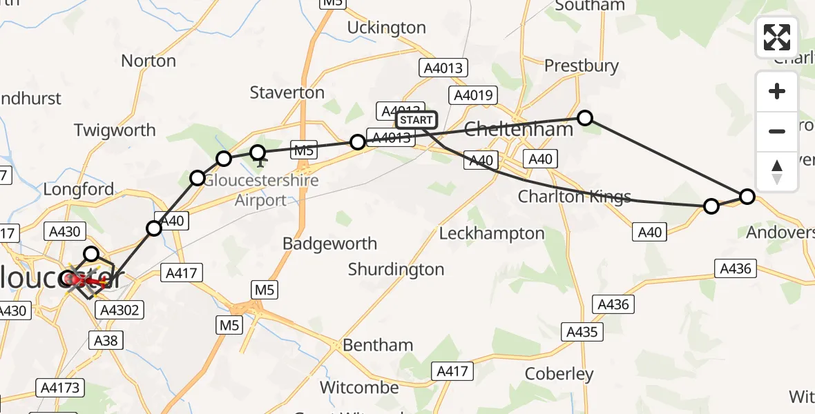 Flight route Air Ambulance Helicopter Cheltenham - Gloucester, 24 May 2026, 17:10