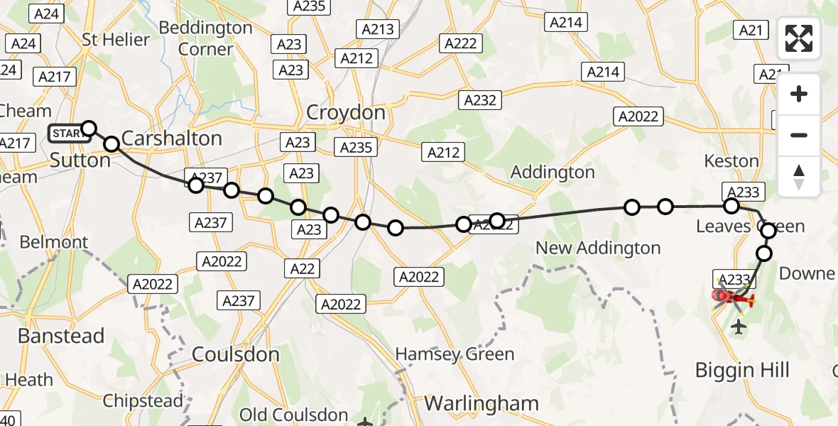 Flight route Air Ambulance Helicopter Benhilton - London Biggin Hill Airport, 24 May 2026, 17:15