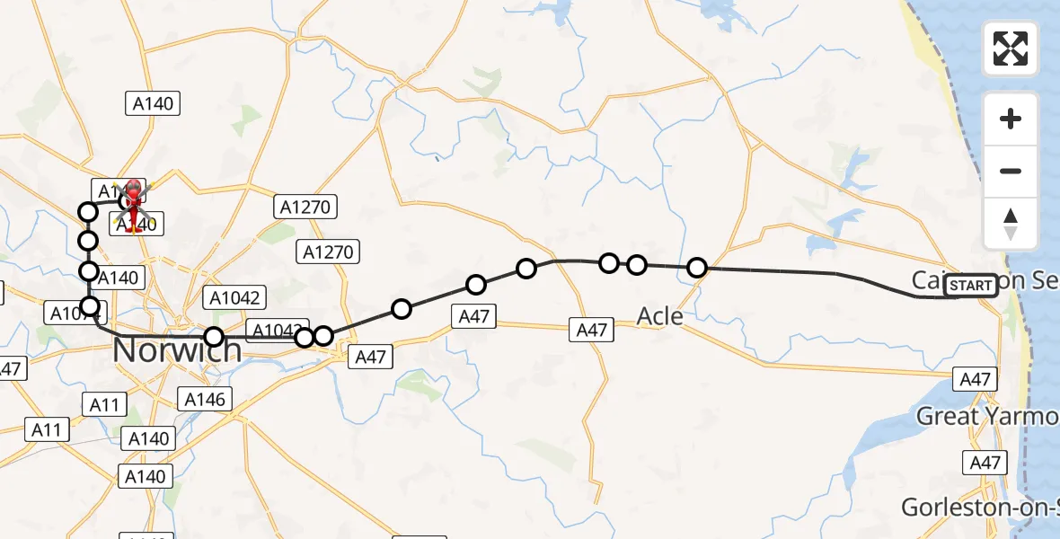 Flight route Air Ambulance Helicopter Great Yarmouth - Norwich Airport, 24 May 2026, 17:16