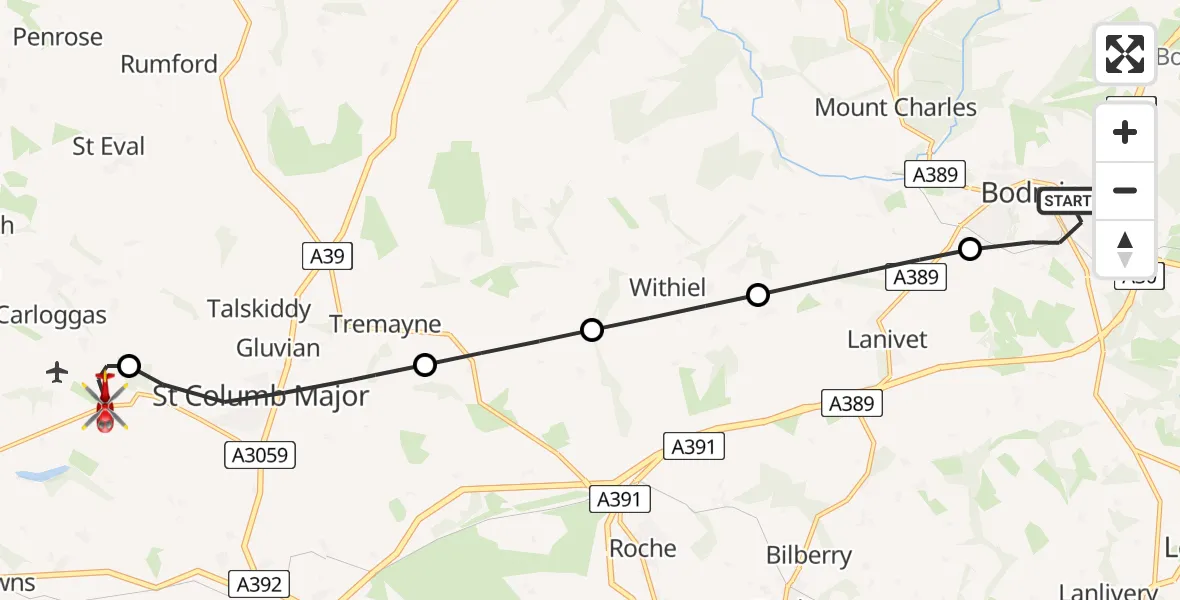 Flight route Air Ambulance Helicopter Bodmin - Cornwall Airport Newquay, 24 May 2026, 17:23
