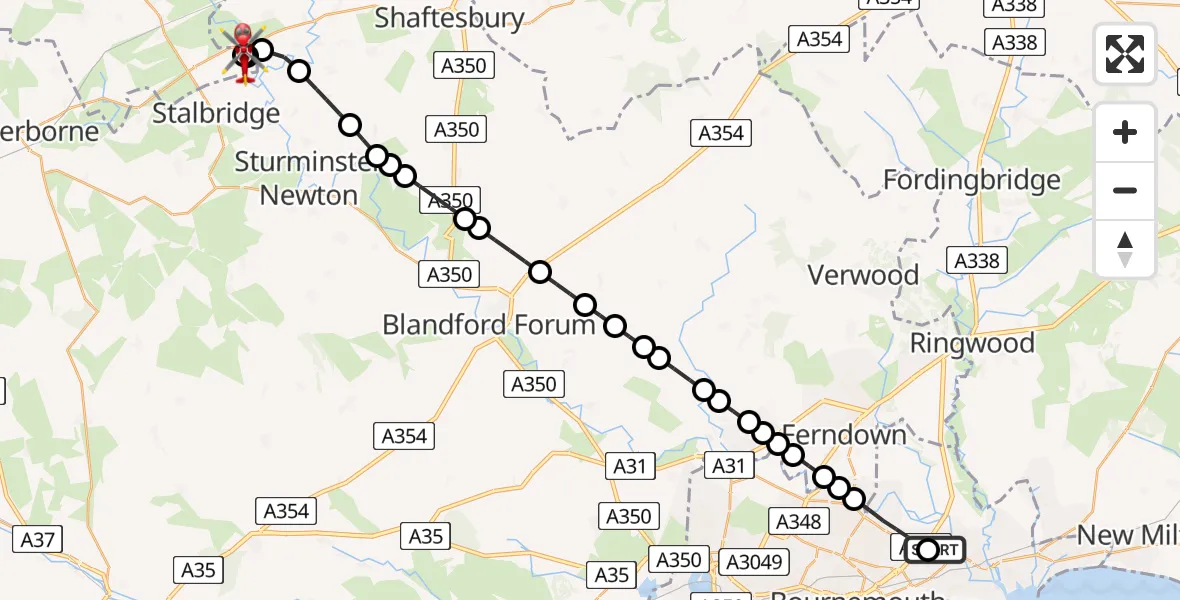 Flight route Air Ambulance Helicopter Royal Bournemouth Hospital - Henstridge Airfield, 24 May 2026, 17:27
