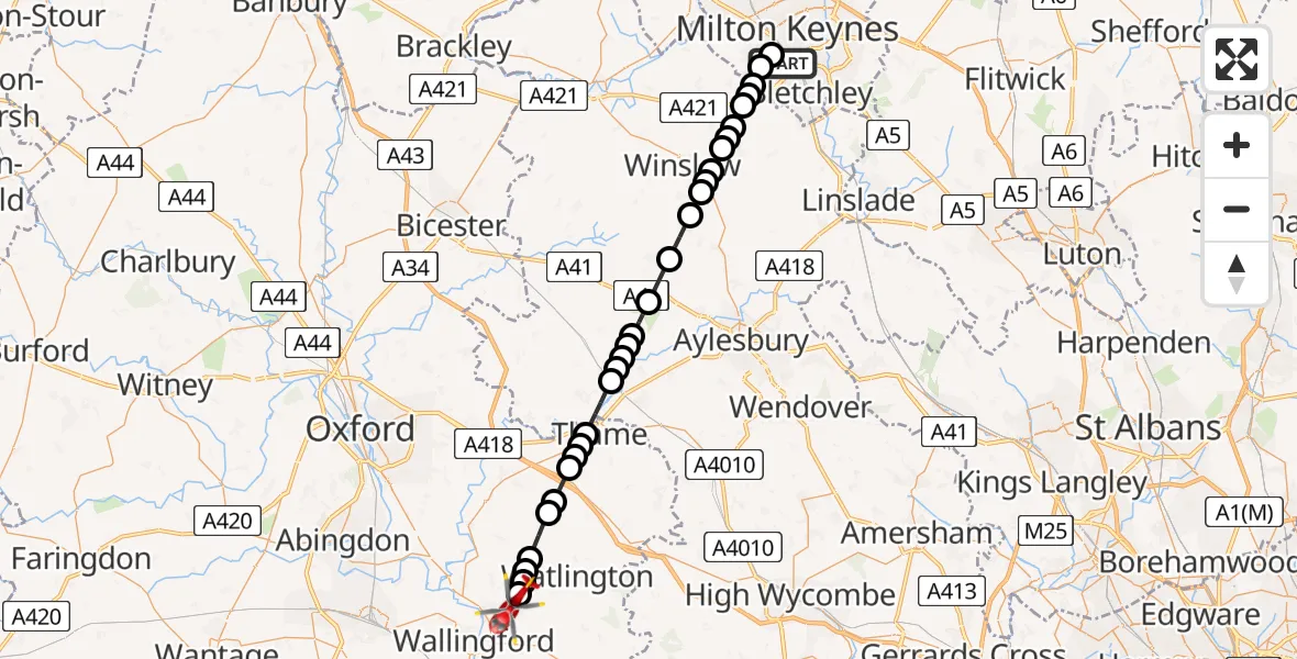 Flight route Air Ambulance Helicopter Bletchley - Ewelme, 24 May 2026, 17:31