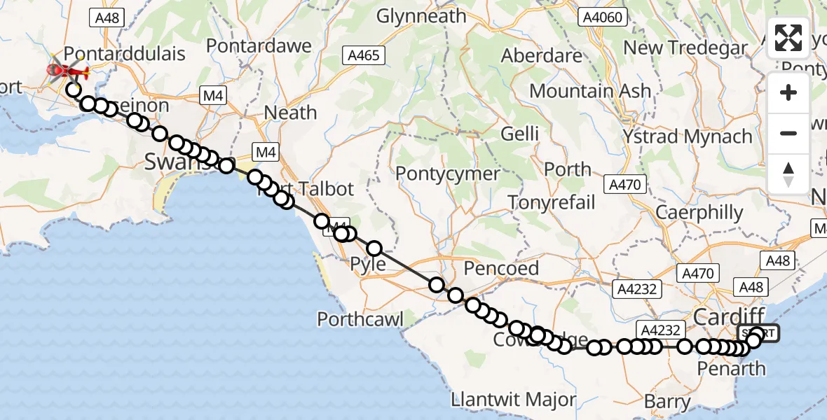 Flight route Air Ambulance Helicopter Cardiff Heliport - Dafen, 24 May 2026, 17:32
