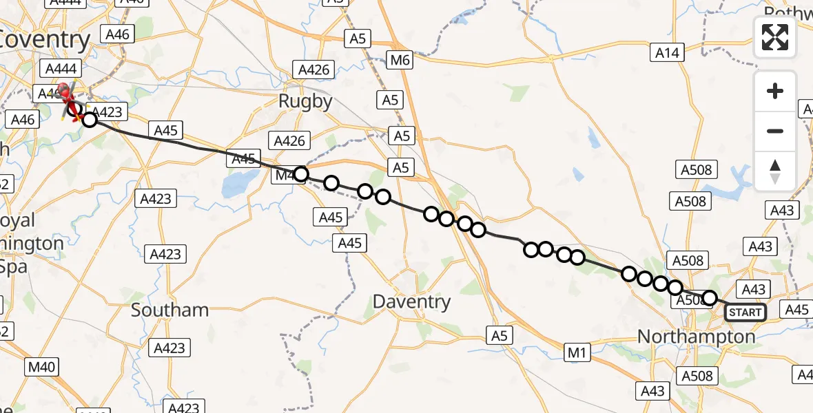 Flight route Air Ambulance Helicopter Northampton - Coventry Airport, 24 May 2026, 17:36
