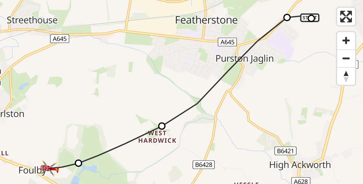 Flight route Air Ambulance Helicopter Featherstone - YAA Nostell Helicopter Port, 24 May 2026, 17:37