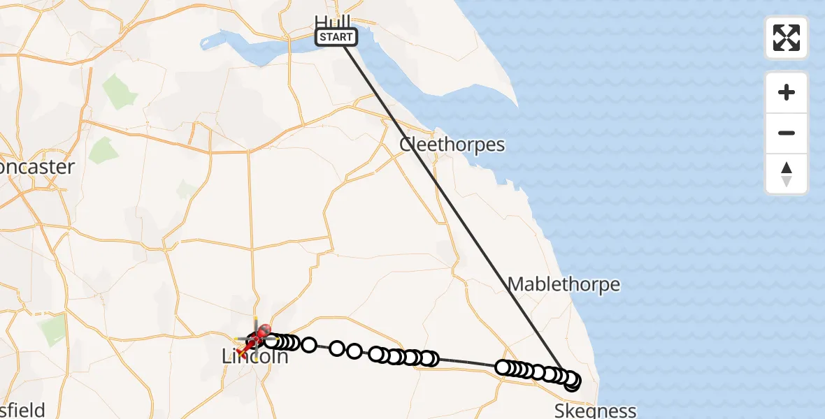 Flight route Air Ambulance Helicopter North Sea - Lincoln, 24 May 2026, 17:38