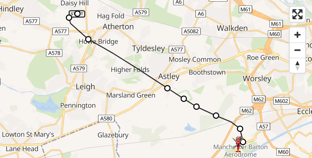 Flight route Air Ambulance Helicopter Westhoughton - Manchester Barton Aerodrome, 24 May 2026, 17:40