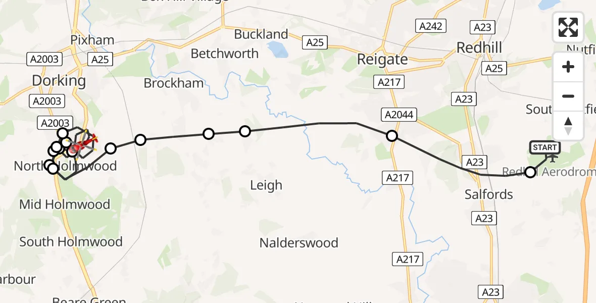 Flight route Air Ambulance Helicopter Redhill Aerodrome - North Holmwood, 24 May 2026, 17:44