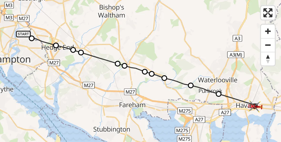 Flight route Air Ambulance Helicopter Midanbury - Havant, 24 May 2026, 17:44