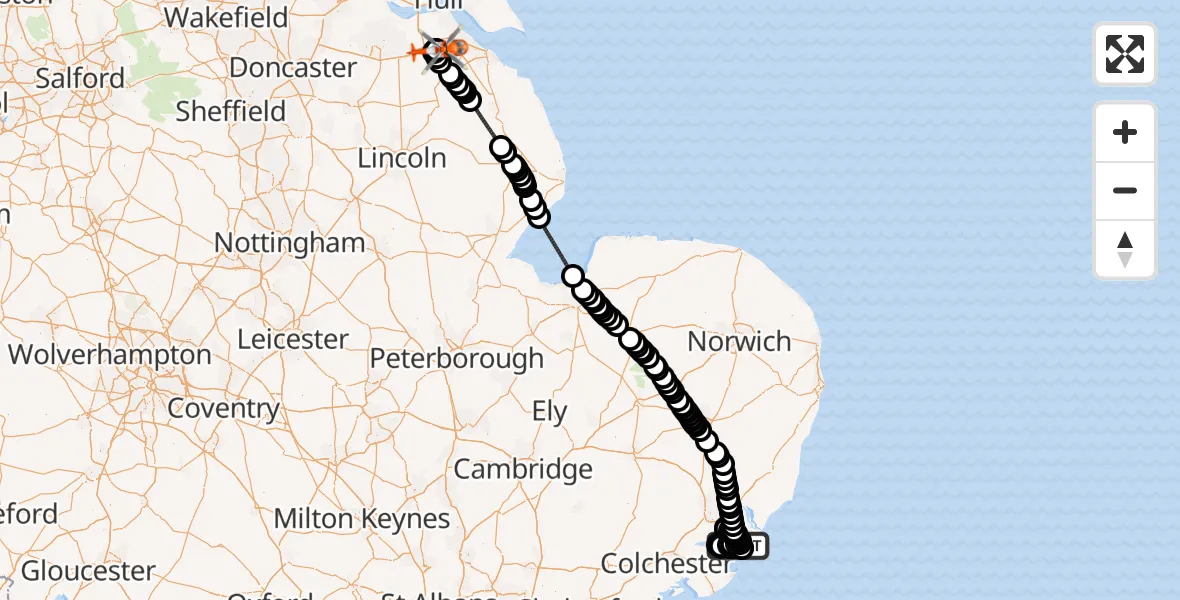 Flight route Coastguard Helicopter Trimley St Mary - Humberside Airport, 24 May 2026, 17:46