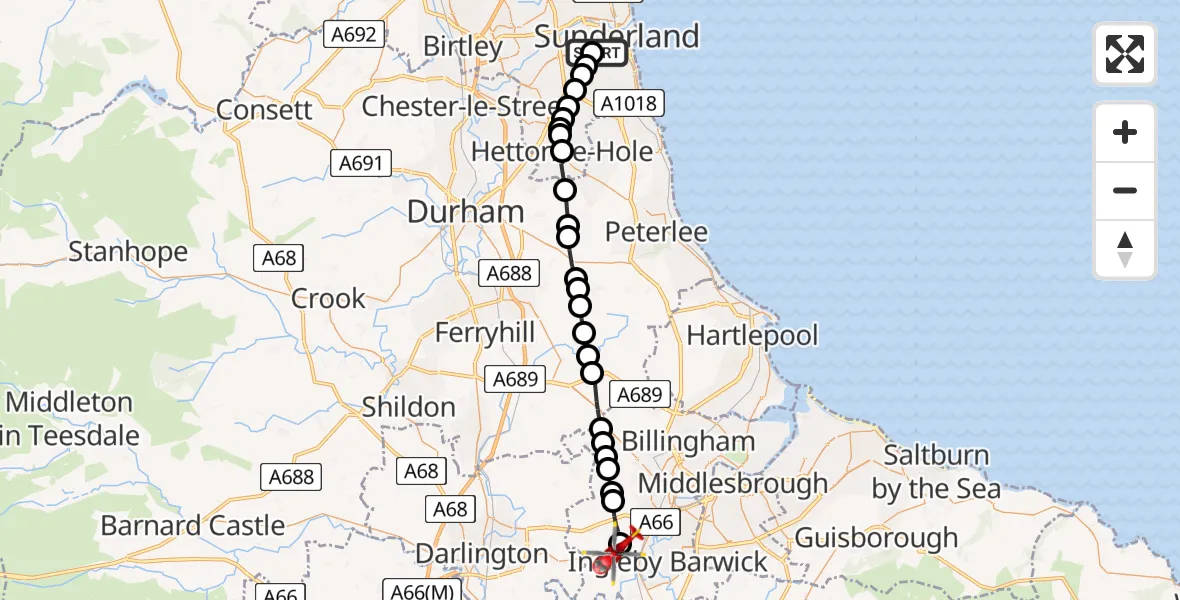 Flight route Air Ambulance Helicopter High Barnes - Egglescliffe, 24 May 2026, 17:47