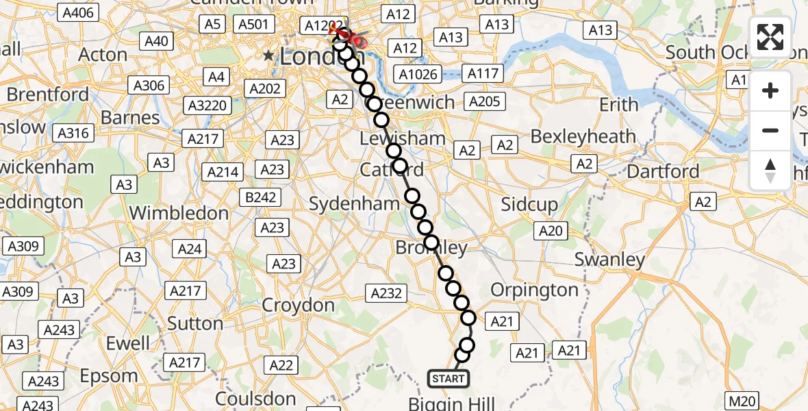 Flight route Air Ambulance Helicopter London Biggin Hill Airport - Royal London Hospital, 24 May 2026, 17:47