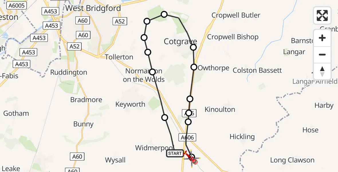 Flight route Air Ambulance Helicopter Widmerpool - Nottingham Heliport, 24 May 2026, 17:50