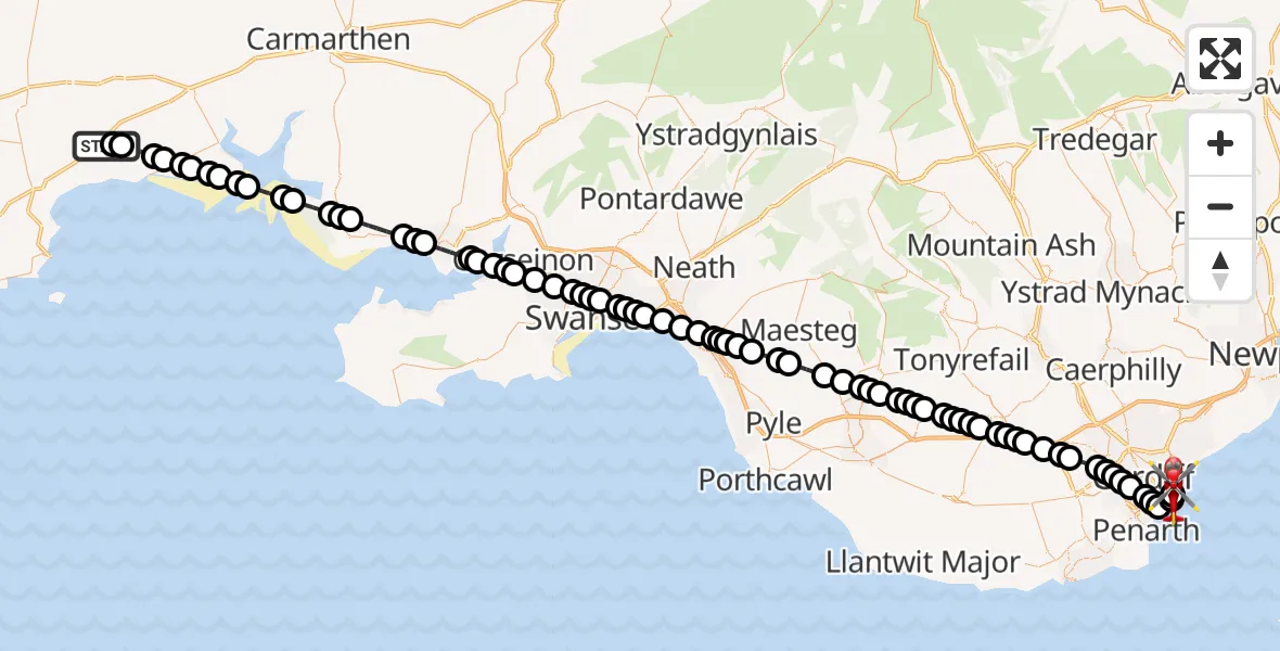 Flight route Air Ambulance Helicopter Red Roses - Cardiff Heliport, 24 May 2026, 17:56