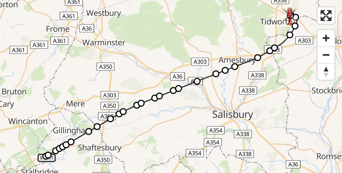 Flight route Air Ambulance Helicopter Henstridge Airfield - Ludgershall, 24 May 2026, 18:00