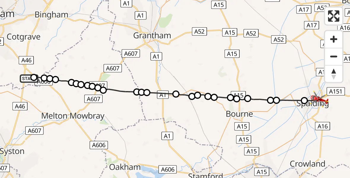 Flight route Air Ambulance Helicopter Rushcliffe - Spalding, 24 May 2026, 18:06