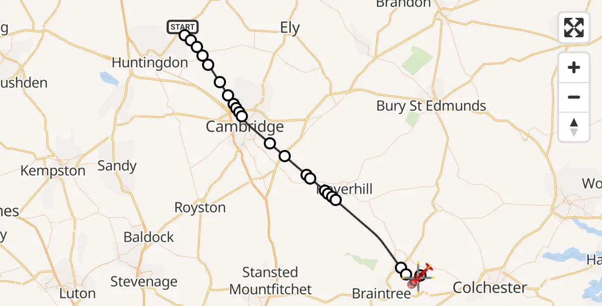 Flight route Air Ambulance Helicopter Warboys - Earls Colne Airfield, 24 May 2026, 18:08