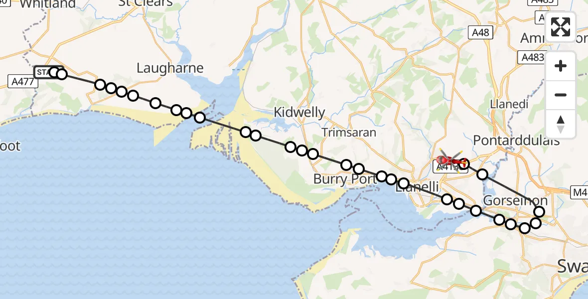 Flight route Air Ambulance Helicopter Red Roses - Dafen, 24 May 2026, 18:12
