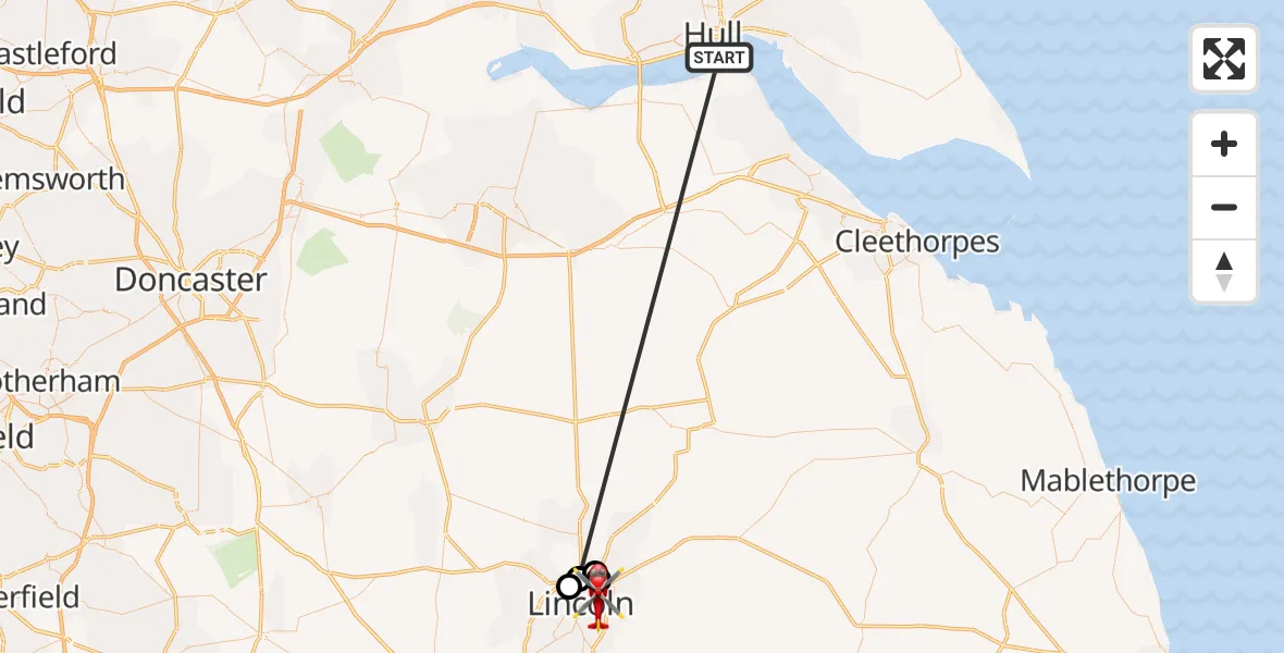 Flight route Air Ambulance Helicopter North Sea - Lincoln, 24 May 2026, 18:14