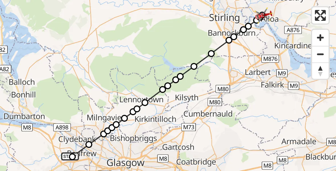 Flight route Air Ambulance Helicopter Glasgow Airport - Alloa, 24 May 2026, 18:23