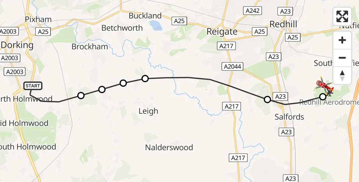Flight route Air Ambulance Helicopter North Holmwood - Redhill Aerodrome, 24 May 2026, 18:24