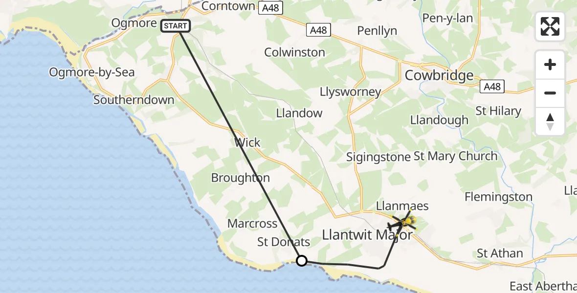 Flight route Police Helicopter St Brides Major - Boverton, 24 May 2026, 18:33