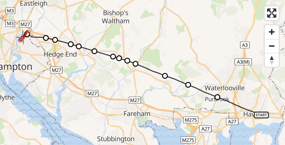 Flight route Air Ambulance Helicopter Havant - Mansbridge, 24 May 2026, 18:44