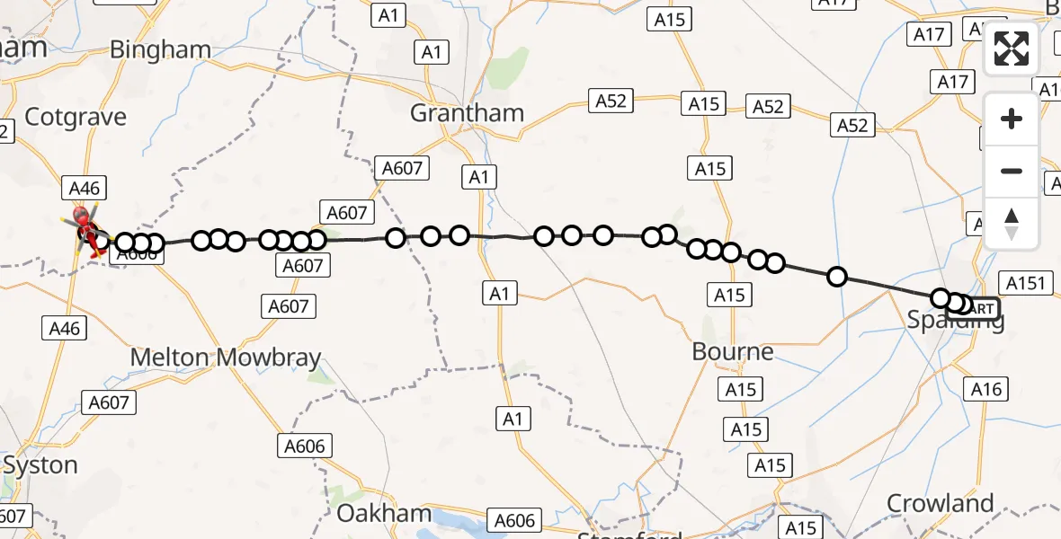 Flight route Air Ambulance Helicopter Spalding - Hickling, 24 May 2026, 18:46