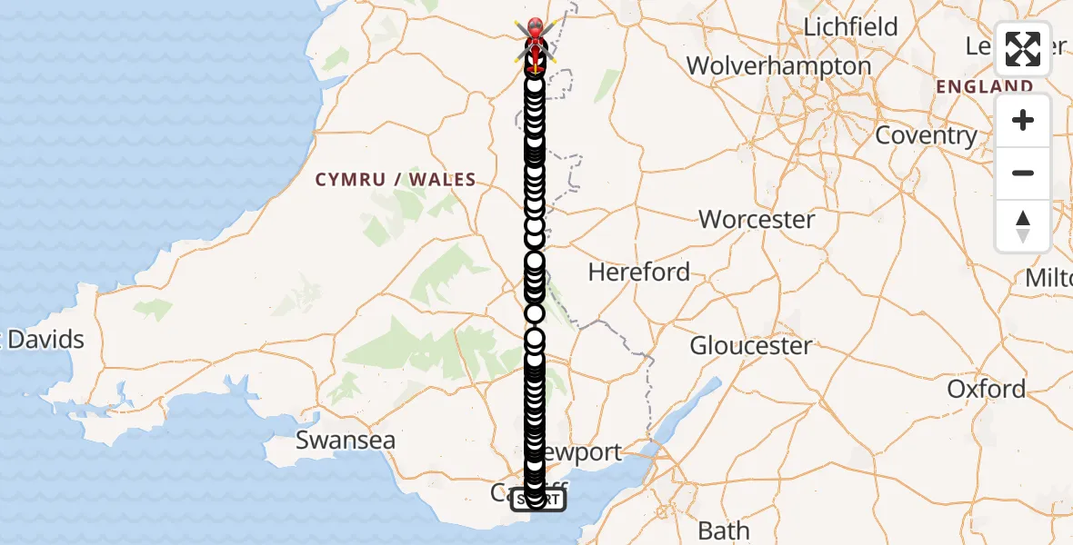 Flight route Air Ambulance Helicopter Cardiff Heliport - Welshpool Airport, 24 May 2026, 18:47