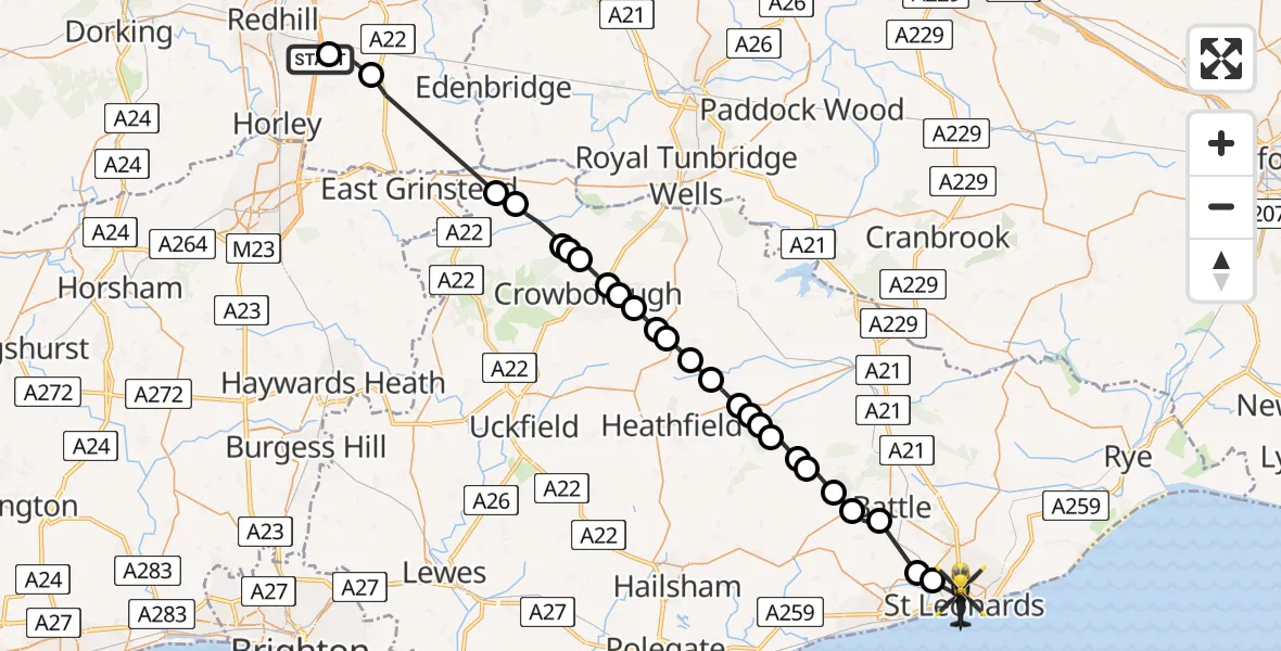 Flight route Police Helicopter South Nutfield - St Leonards, 24 May 2026, 18:53