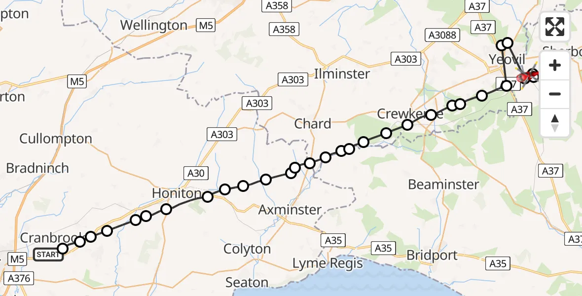 Flight route Air Ambulance Helicopter Exeter International Airport - Castleton, 24 May 2026, 19:00