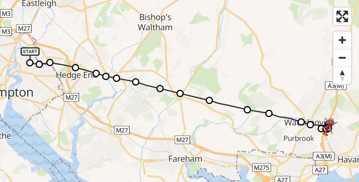 Flight route Air Ambulance Helicopter Townhill Park - Havant, 24 May 2026, 19:02