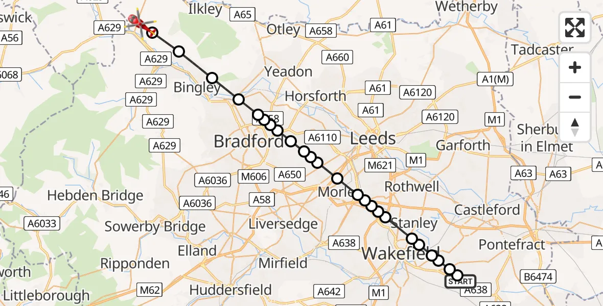 Flight route Air Ambulance Helicopter YAA Nostell Helicopter Port - Silsden, 24 May 2026, 19:03
