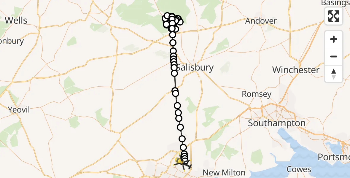 Flight route Police Helicopter Orcheston - Bournemouth Airport, 24 May 2026, 19:04