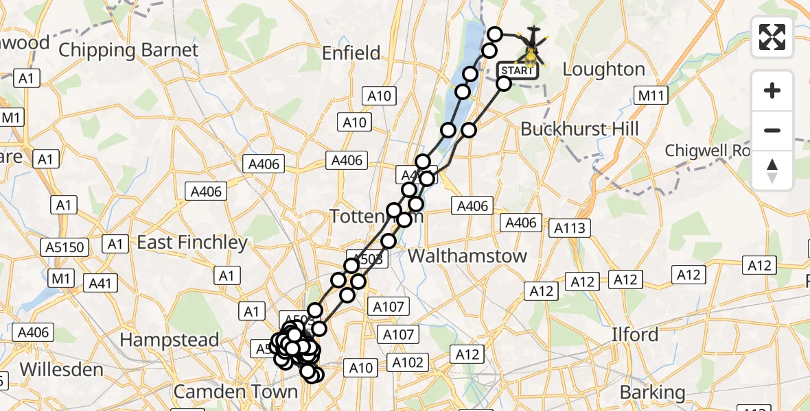 Flight route Police Helicopter Sewardstonebury - Metropolitan Police Air Support Unit Lippitts Hill, 24 May 2026, 19:13