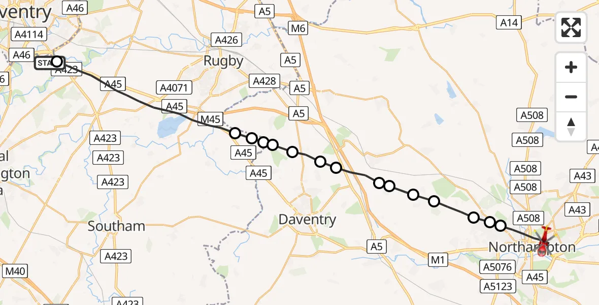Flight route Air Ambulance Helicopter Coventry Airport - Northampton, 24 May 2026, 19:15