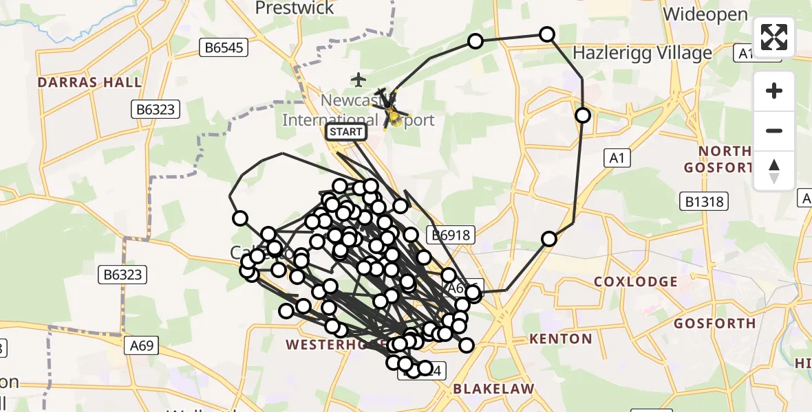 Flight route Police Helicopter Newcastle International Airport - Newcastle International Airport, 24 May 2026, 19:16