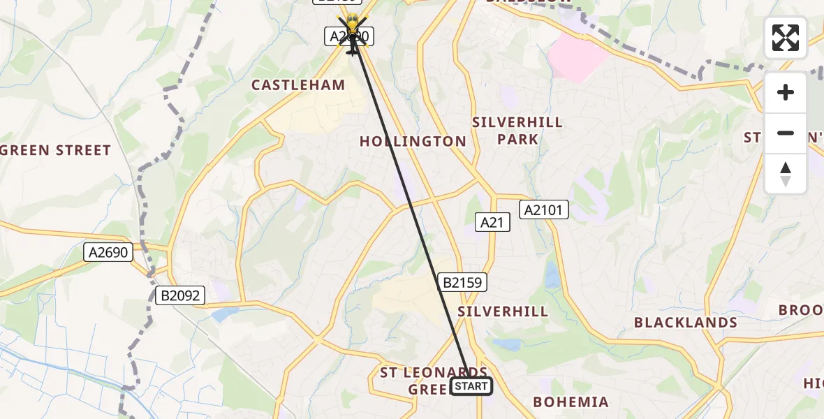 Flight route Police Helicopter St Leonards - Hastings, 24 May 2026, 19:24