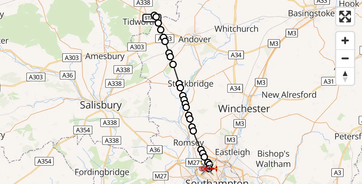 Flight route Air Ambulance Helicopter Ludgershall - University Hospital Southampton, 24 May 2026, 19:26