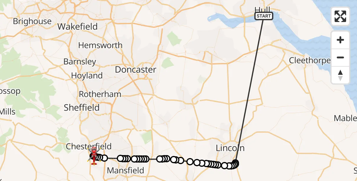 Flight route Air Ambulance Helicopter North Sea - Grassmoor, 24 May 2026, 19:27