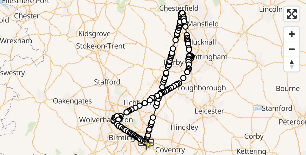 Flight route Police Helicopter Birmingham Airport - Birmingham Airport, 24 May 2026, 19:32