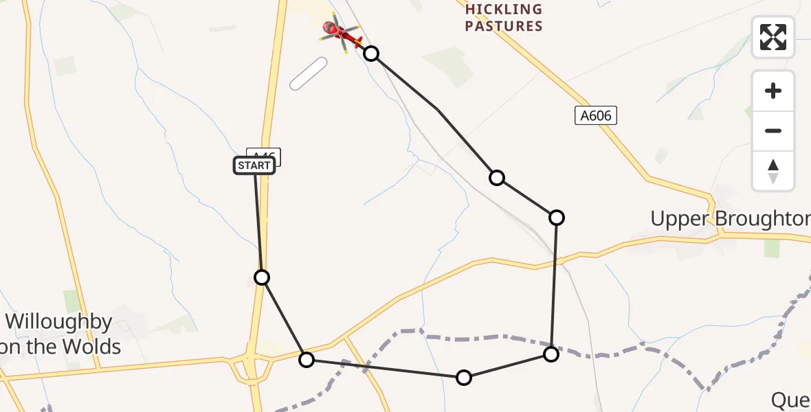 Flight route Air Ambulance Helicopter Widmerpool - Nottingham Heliport, 24 May 2026, 19:33