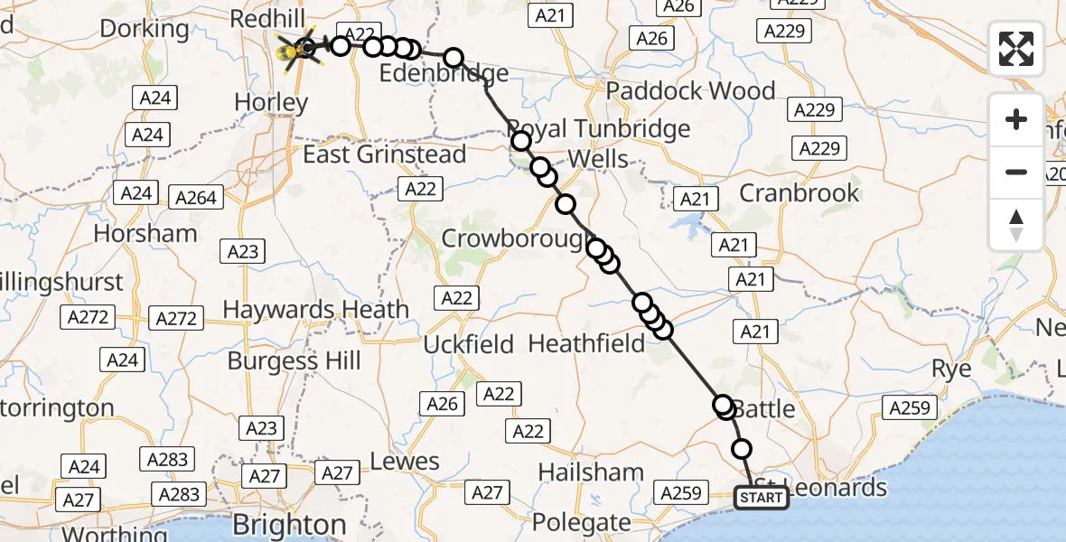 Flight route Police Helicopter Bexhill-on-Sea - South Nutfield, 24 May 2026, 19:33